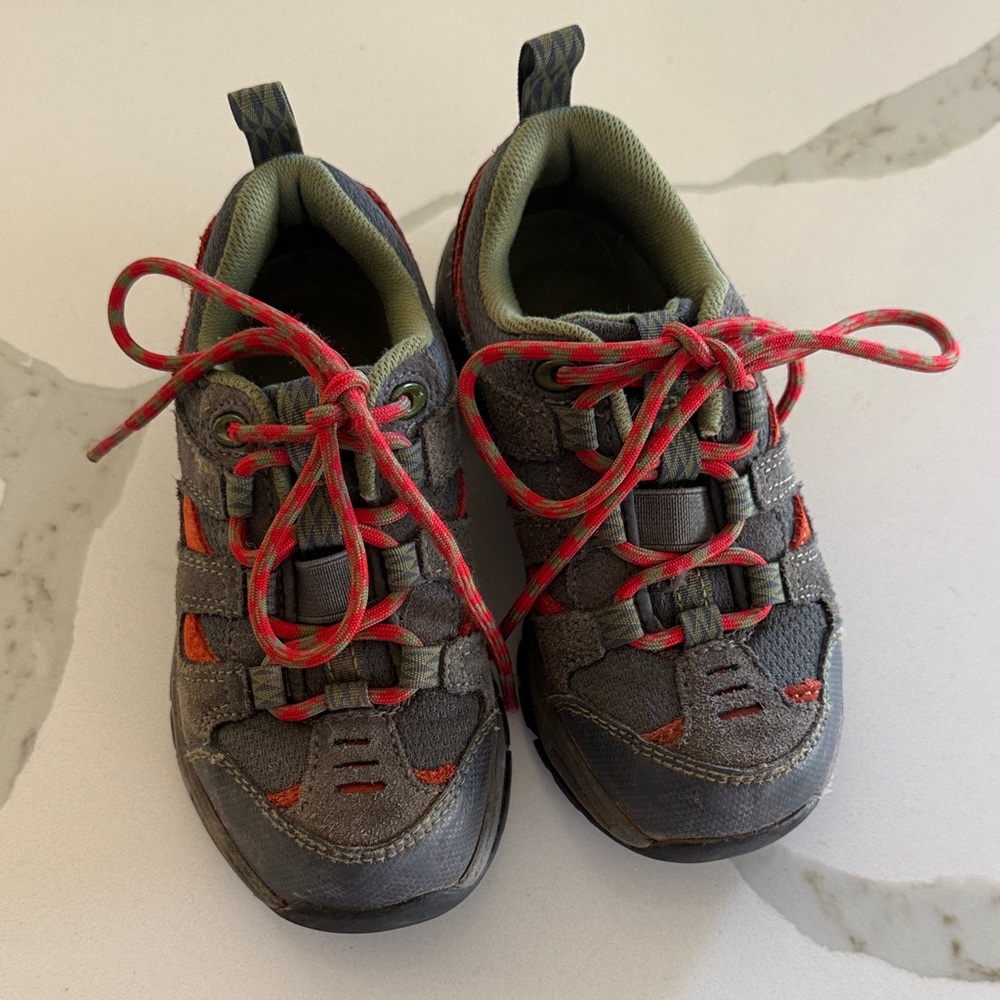 Adorable L.L. Bean Kids Hiking Shoes - Army Green, Grey and Orangey Red